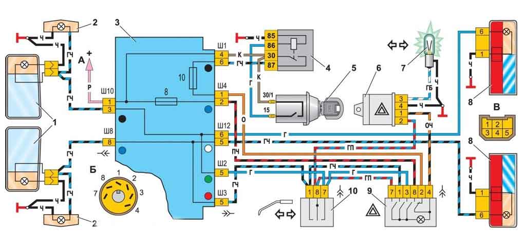 Схема электрооборудования поворотов ВАЗ 2107